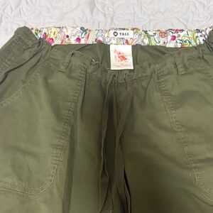 Olive Green Drawstring Pants with Floral Waistband